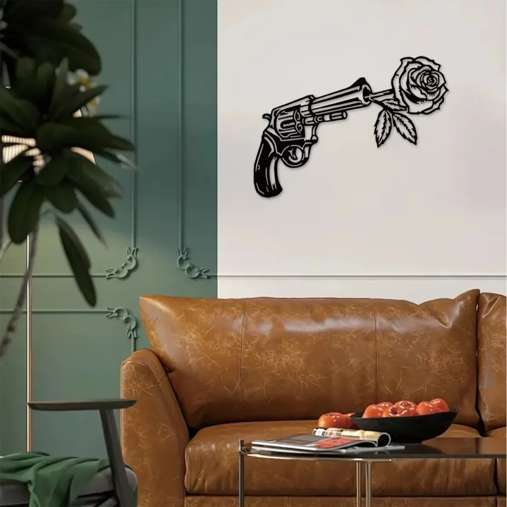 CIFBUY Metal Wall Art Revolver With Rose Floral 2D Cutout Rustproof Hanging Decor For Home Indoor Outdoor Sign