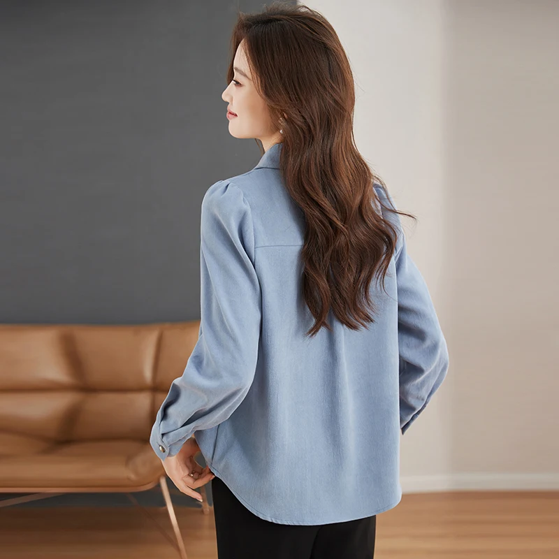 Korean Irregular Blue Blouse Women 2024 Spring New Sanding Fabric Long Sleeve Blouses for Woman Loose Shirt Top Blusas Mujer