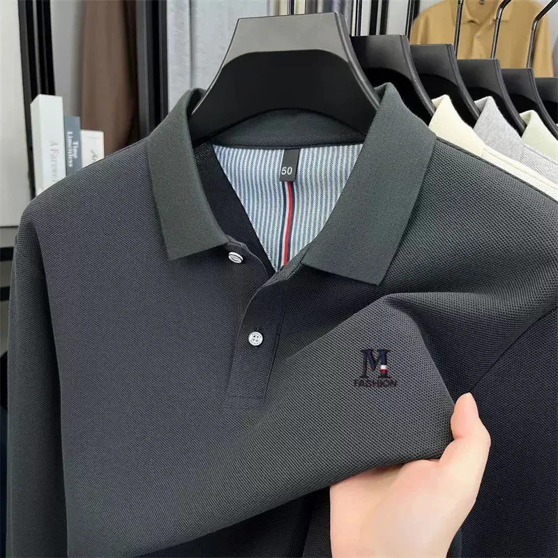 ملابس للرجال ماركة رسالة التطريز 100% القطن قميص بولو بأكمام طويلة 2025 المألوف جديد تنفس تي شيرت غير رسمي #4