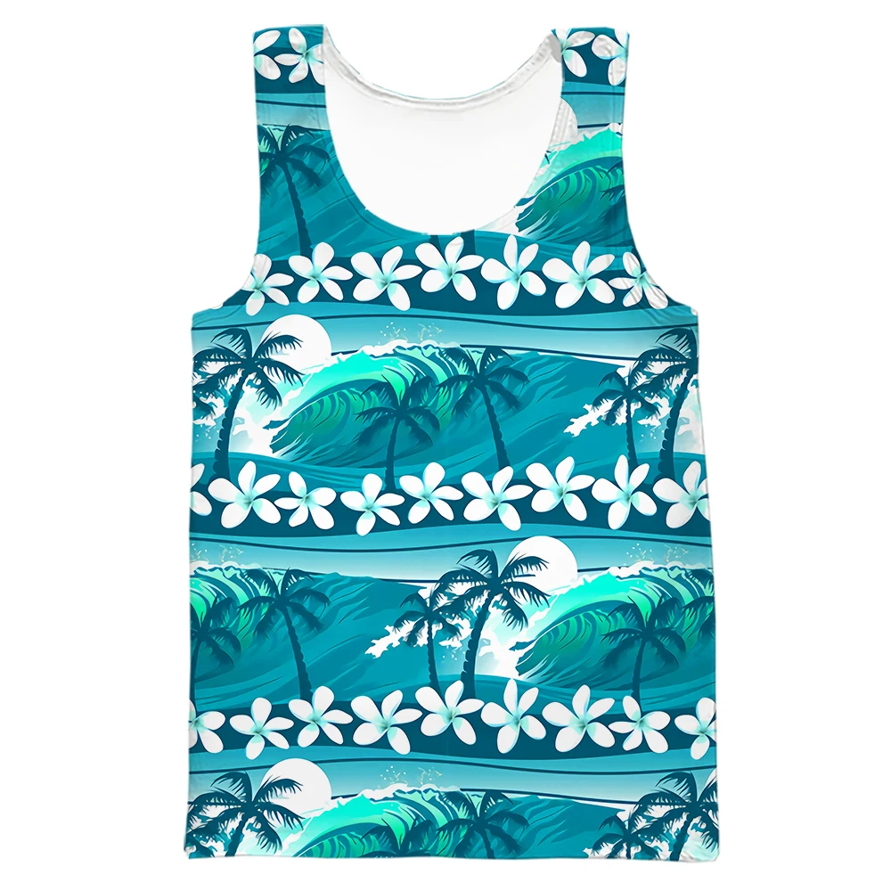 HX Hawaii Men's Tank Tops Hawaiian Surf Frangipani Coconut Tree Printed Vest 3D Printed Casual Beach Tops Funny Streetwear