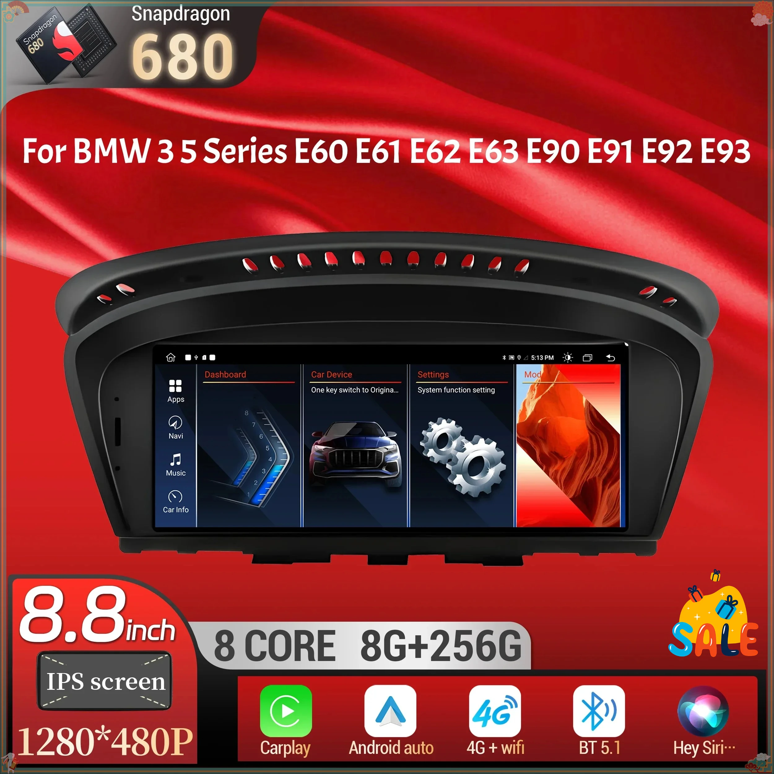 8.8 inch For BMW 3 5 Series E60 E61 E62 E63 E90 E91 E92 E93 Android 14 Wireless BT Carplay Qualcomm Snapdragon 680 Touch Screen