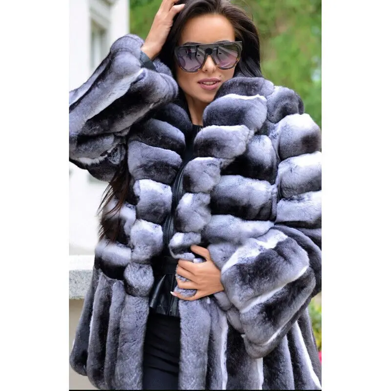 Winter Warm Genuine Rex Rabbit Fur Coat Woman Fashion Chinchilla Thick Jackets Genuine Natural Fur Thick Overcoat