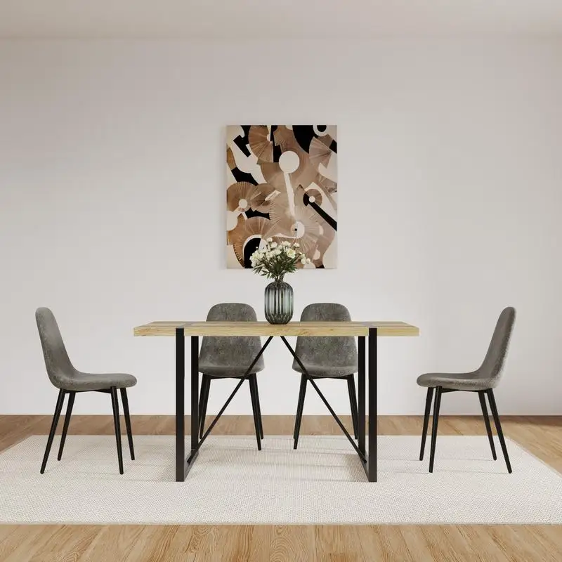 55" MDF Dining Table & Set of 4 Modern Chairs, Mid Century Wood Kitchen Table with Metal Base & Leg, Suede Upholstered Dining