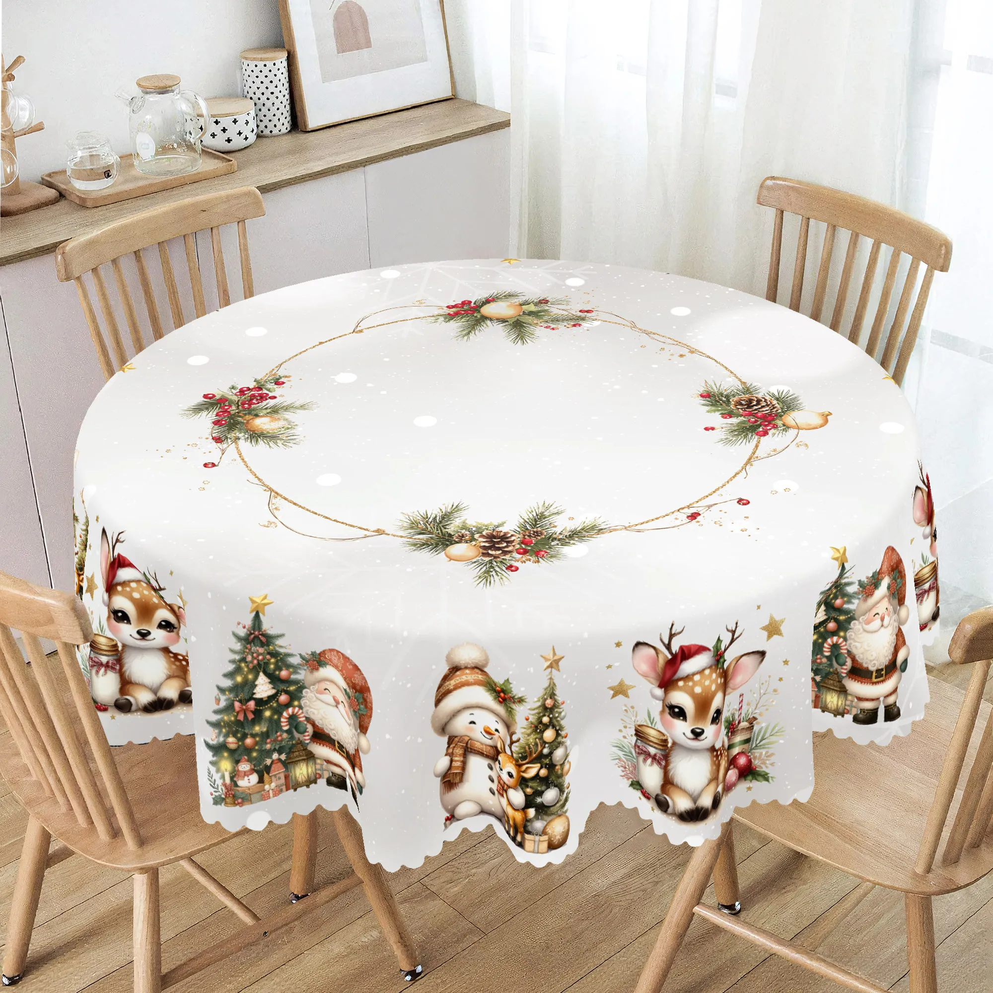 1 piece Santa, Deer and Snowman gold border tablecloth, perfect Christmas decoration, rectangular/round tablecloth