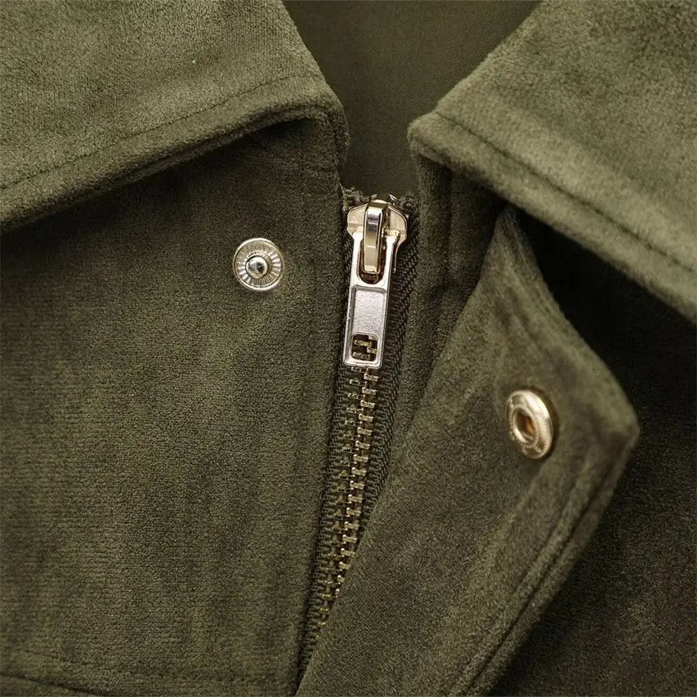Chic Flip Collar Pilot Jacket Suede Texture Loose Coat Casual Zipper Outer Garment