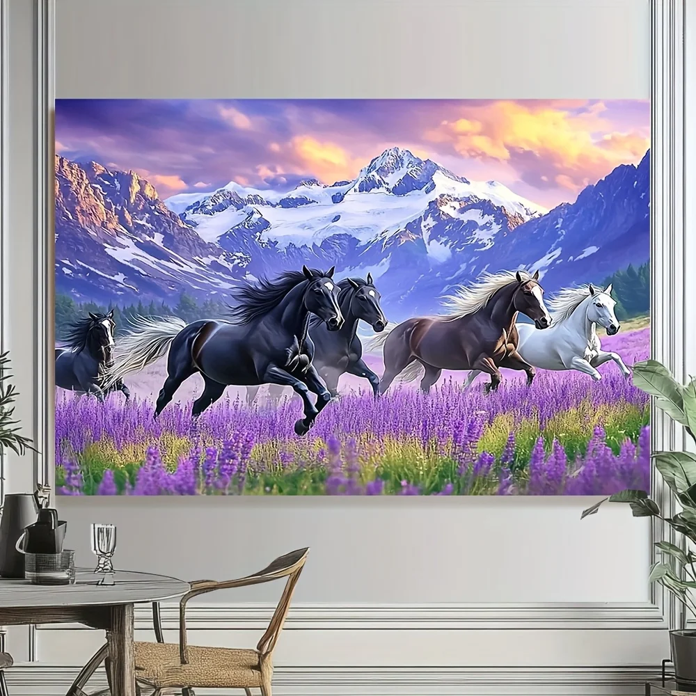 Mural de pared con caballos corriendo en un campo de flores moradas y montañas nevadas para decoración de sala de estar