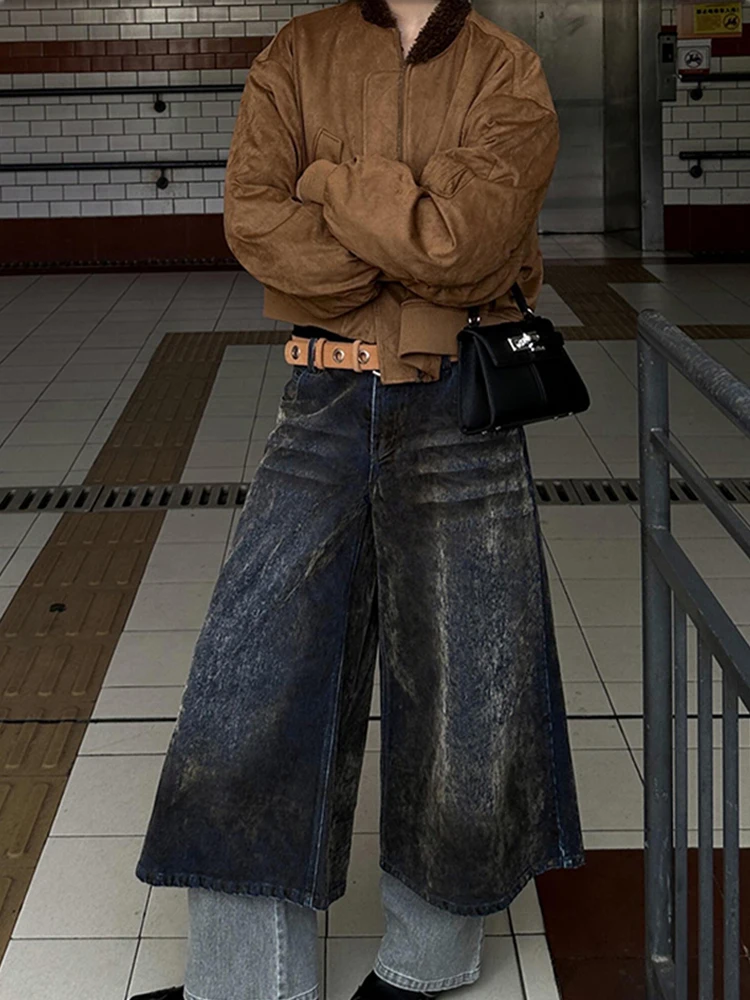 النمط الأمريكي الرجعية وهمية قطعتين الجينز المرأة الخريف والشتاء جديد شارع العليا واسعة الساق طبقة مزدوجة الربط السراويل #2