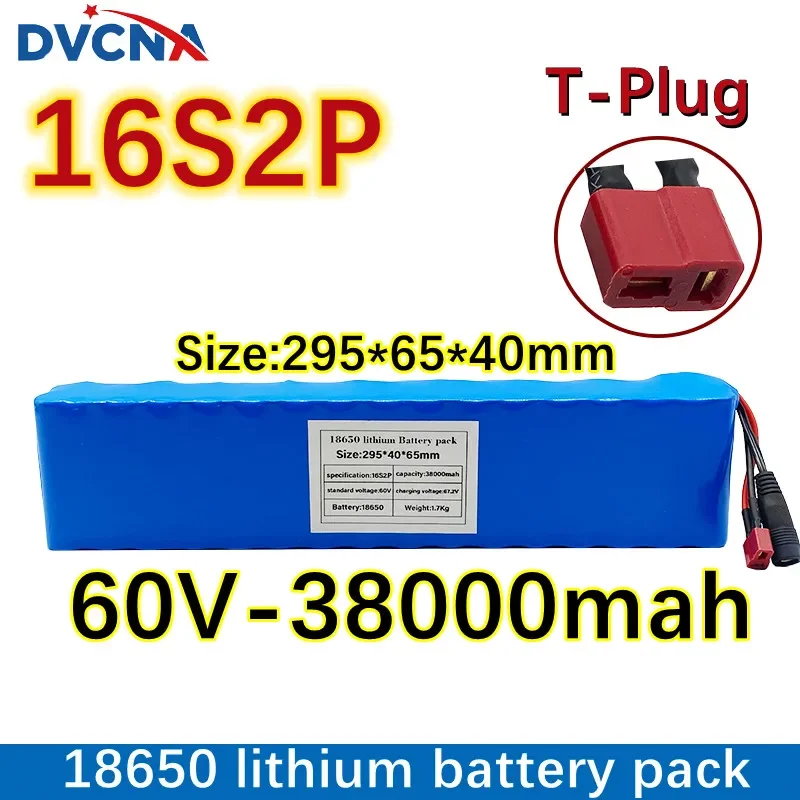 

New 60V 16S2P 38Ah 18650 Li-ion Battery Pack 67.2V 38000mAh Ebike Electric bicycle Scooter with BMS 1000 Watt BMS+charger