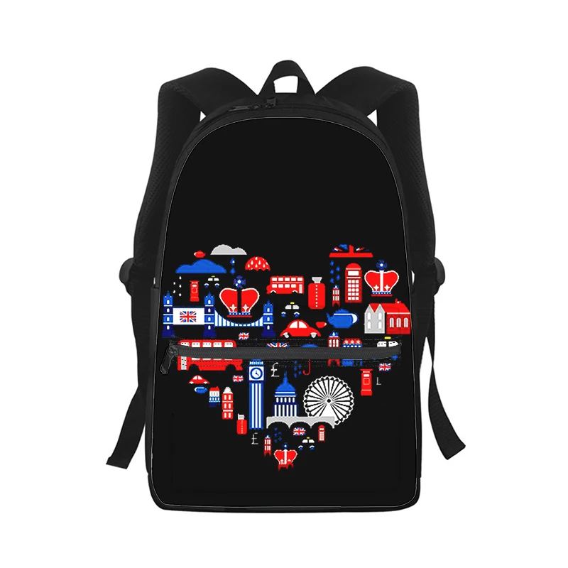 Cartoon 3D Print Backpack for Kids, School Bag, Travel Shoulder Bag, Inglaterra I Love London, homens e mulheres, estudante, moda