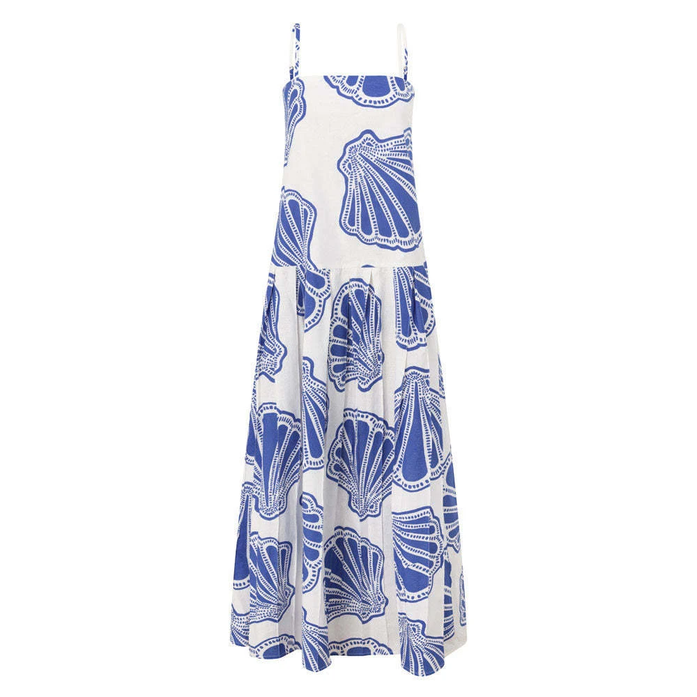 Vestido largo de lino con tirantes y estampado floral azul elegante para mujer primavera verano