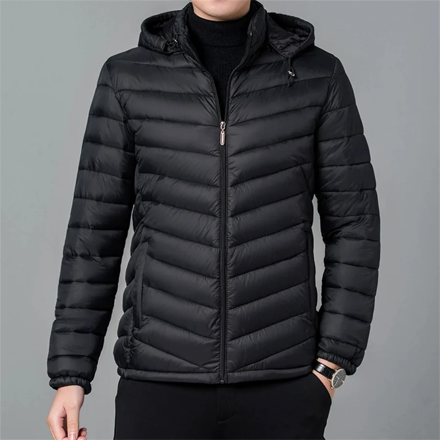 2026 New Winter Cotton Padded Men Hooded Coat Casual Zipper Striped Lightweight Jackets Men's Solid Cold-proof Warm Outerwear