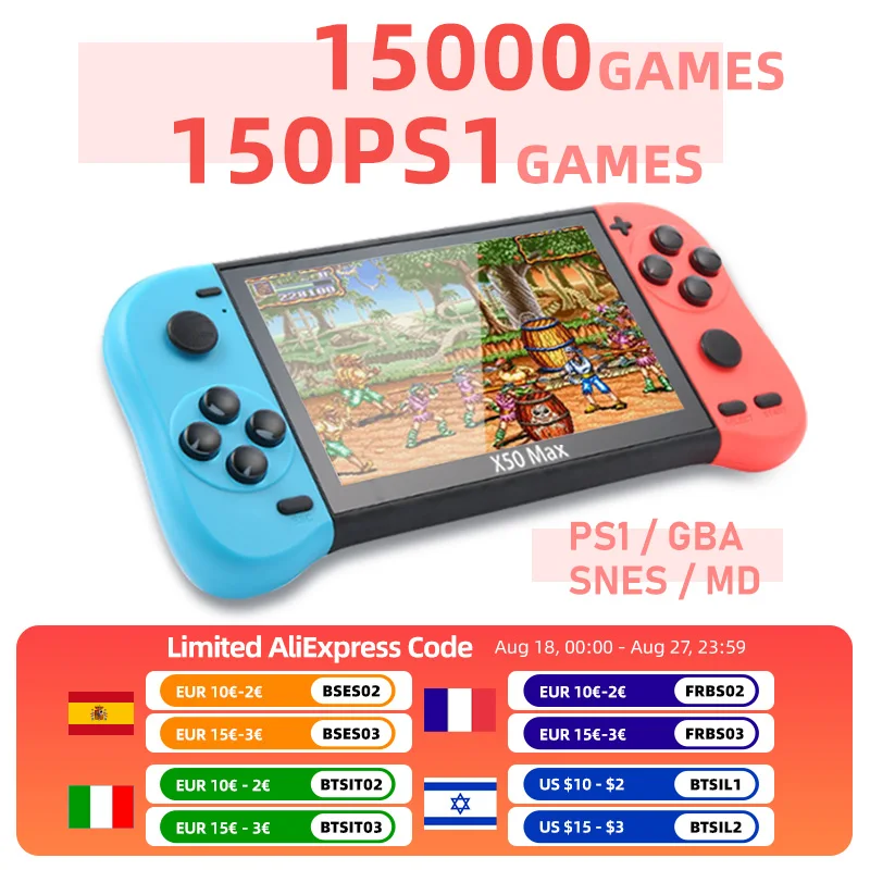 VILCORN X50 MAX Console di gioco portatile per PS1 Giochi retrò Lettore di videogiochi per bambini per console di gioco audio portatile GBA/SNES