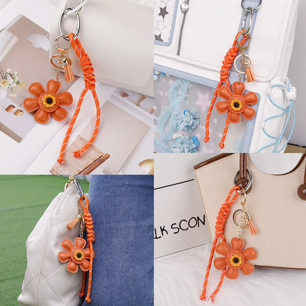 

Leather Sunflower Braided Rope Bag Charm Keychain Pendants Bags Backpack Flower Hanging for Women Girls Handbag Decor Custom