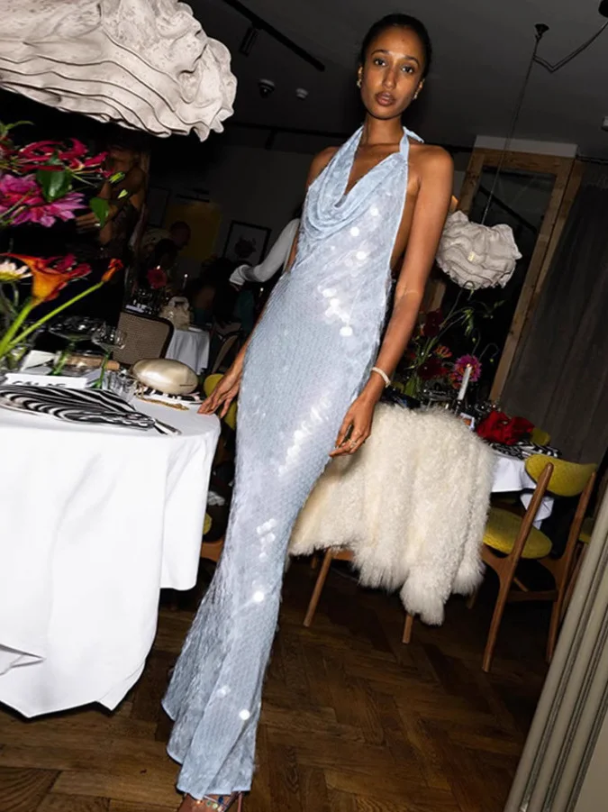 Women's Sequined Dr Glittering Strapl Gown iny Beaded Eveningwear mid Waist No Sve Long Sve Polyester 
