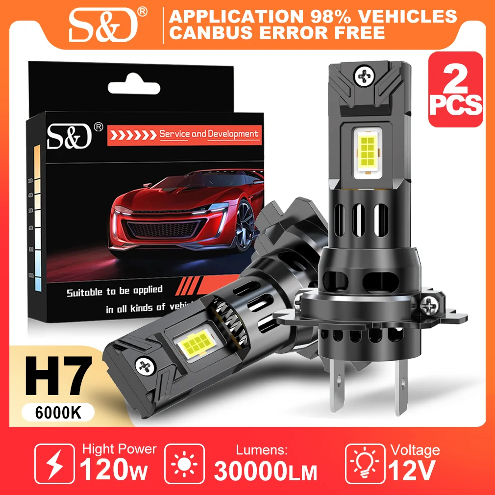 

Светодиодные лампы S&D H7 Canbus Mini LED для фар, 120 Вт, 30000 лм, автомобильные лампы Turbo для вождения, 6000K, автомобильные лампы