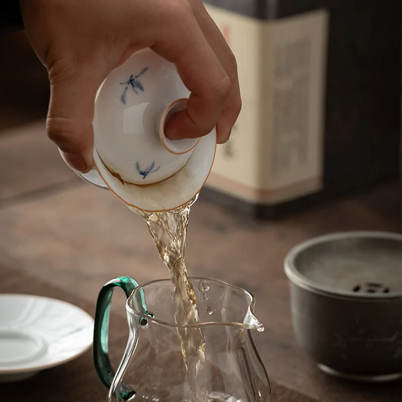 Hand-Painted Orchid Tureen Heat-Resistant High-Grade Ceramic Tea Set Three Pieces Making Bowl Non-Scald Cup Kung Fu