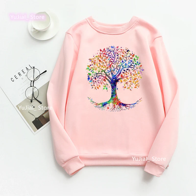 Watercolor Tree Of Life Printed Sweatshirt Women Clothes 2024 Funny Artistic White/Prink/Gray Hoodies Harajuku Jumper Tops