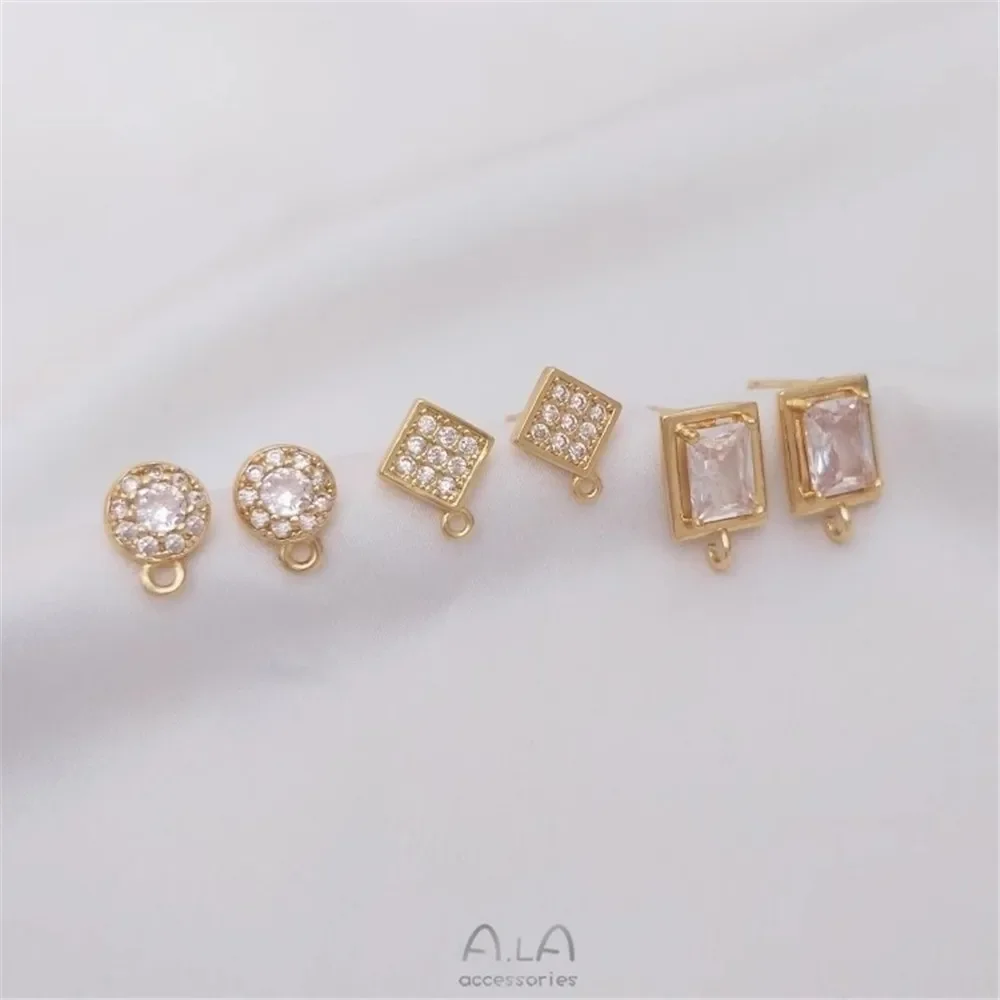 

14K Gold Inlaid Zircon Round Diamond Rectangular Earrings with Hanging Rings 925 Silver Ear Pins DIY Earrings E224