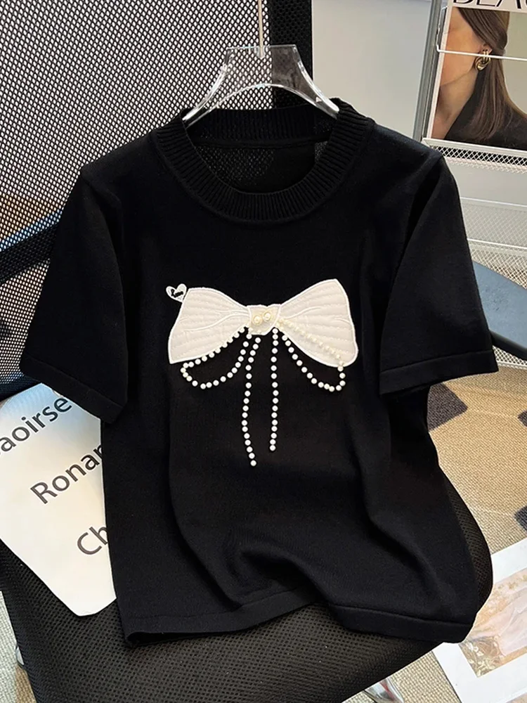 Stylish Fashion Knit Sweater T-shirts Women Bow Embroidery Pearl Beaded Short Sleeve Tees Tops 2024 Summer Elegant Chic Knitwear