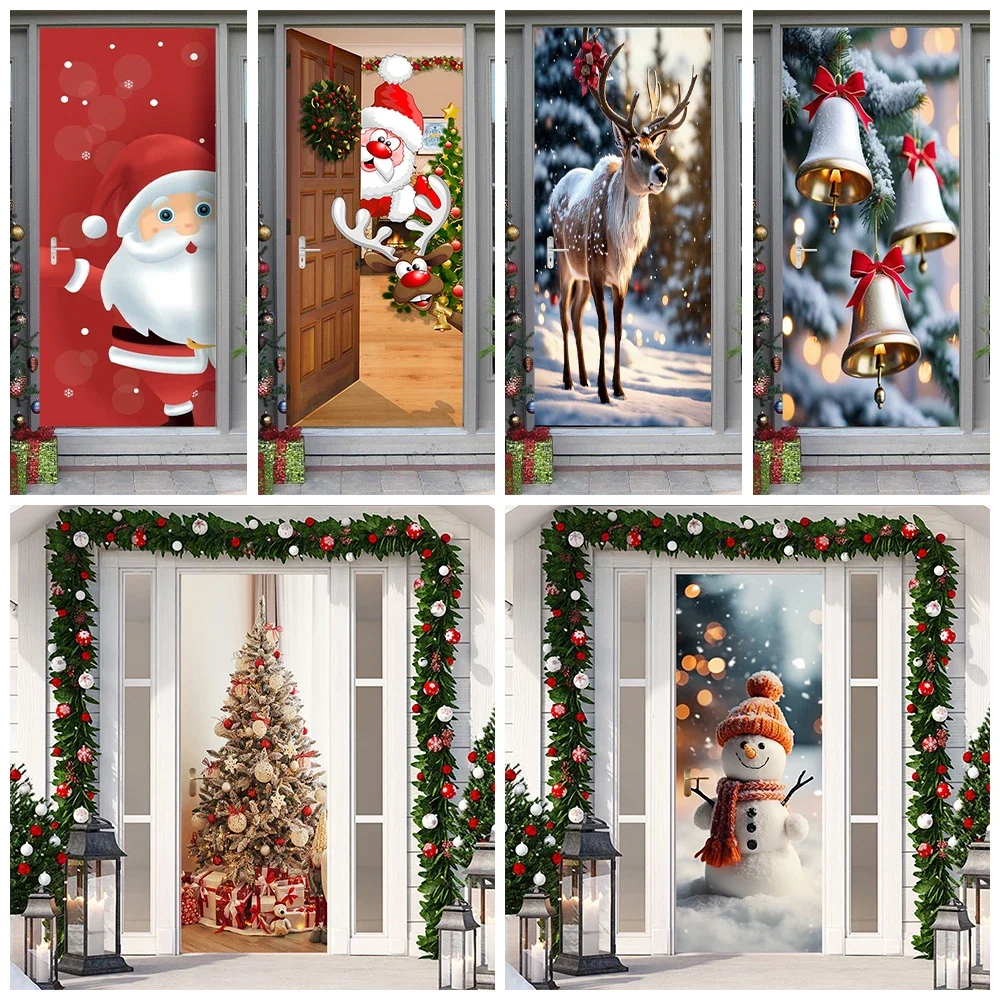 

Merry Christmas 2024 New Design Home Decoration Door Sticker Removable Xmas Tree Elk Santa Claus Wall Art Mural Door Stickers