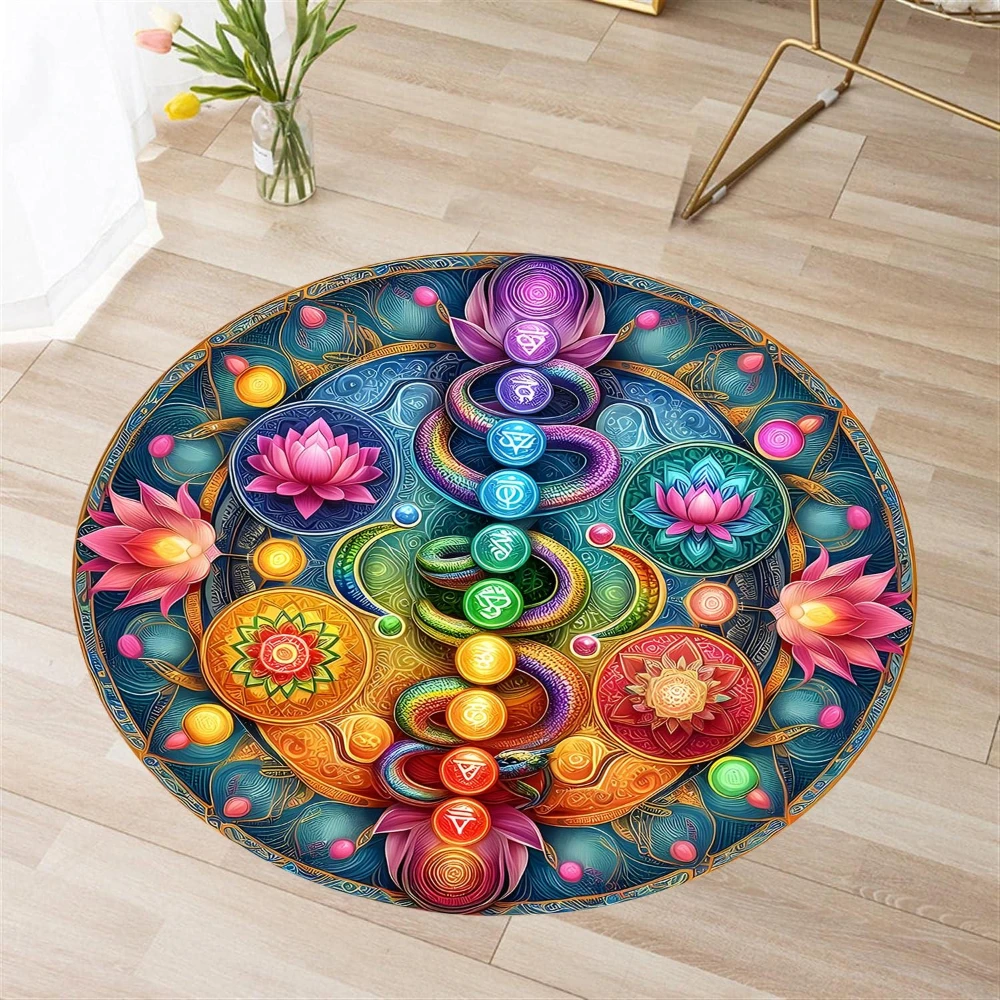 Spiritual Lotus Chakra Mandala graphics Round Rug,yoga room,living room,entryway home decor Non Slip yoga Rug Gift