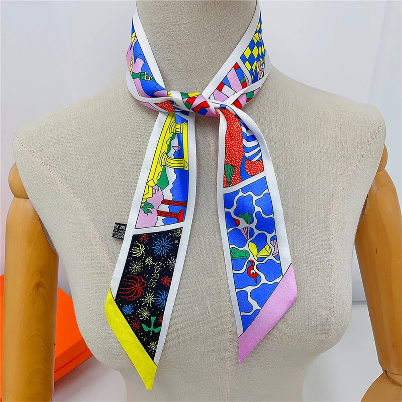 2023 New Small Silk Scarf Women Luxury Hair Scarf Twill Print Wrap Bag Handle Ribbon Brand Fashion Foulard Women\'s Headscarf