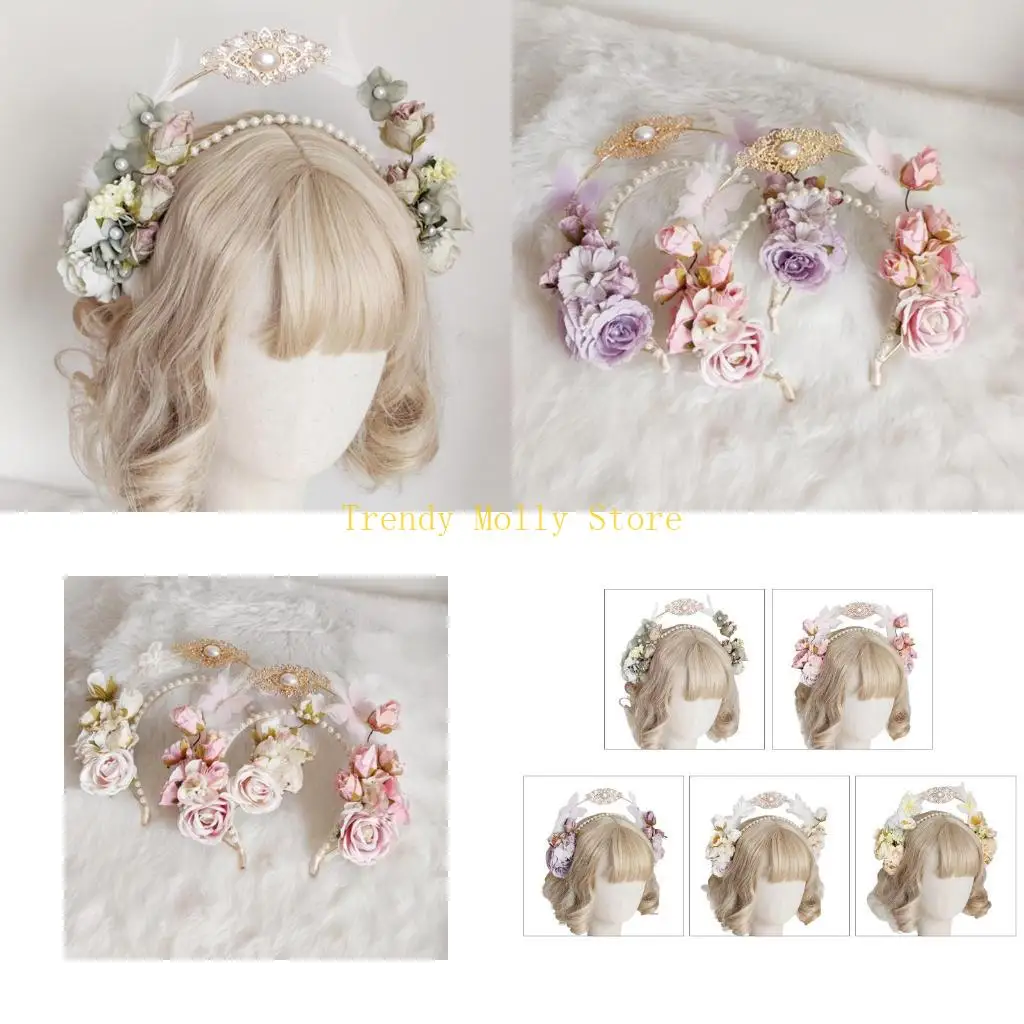 N5KBファッションウェディングカラフルな花の装飾ヘアバンド繊細な王冠二重層ステージパーティーの女性スタイリングヘッドウィー