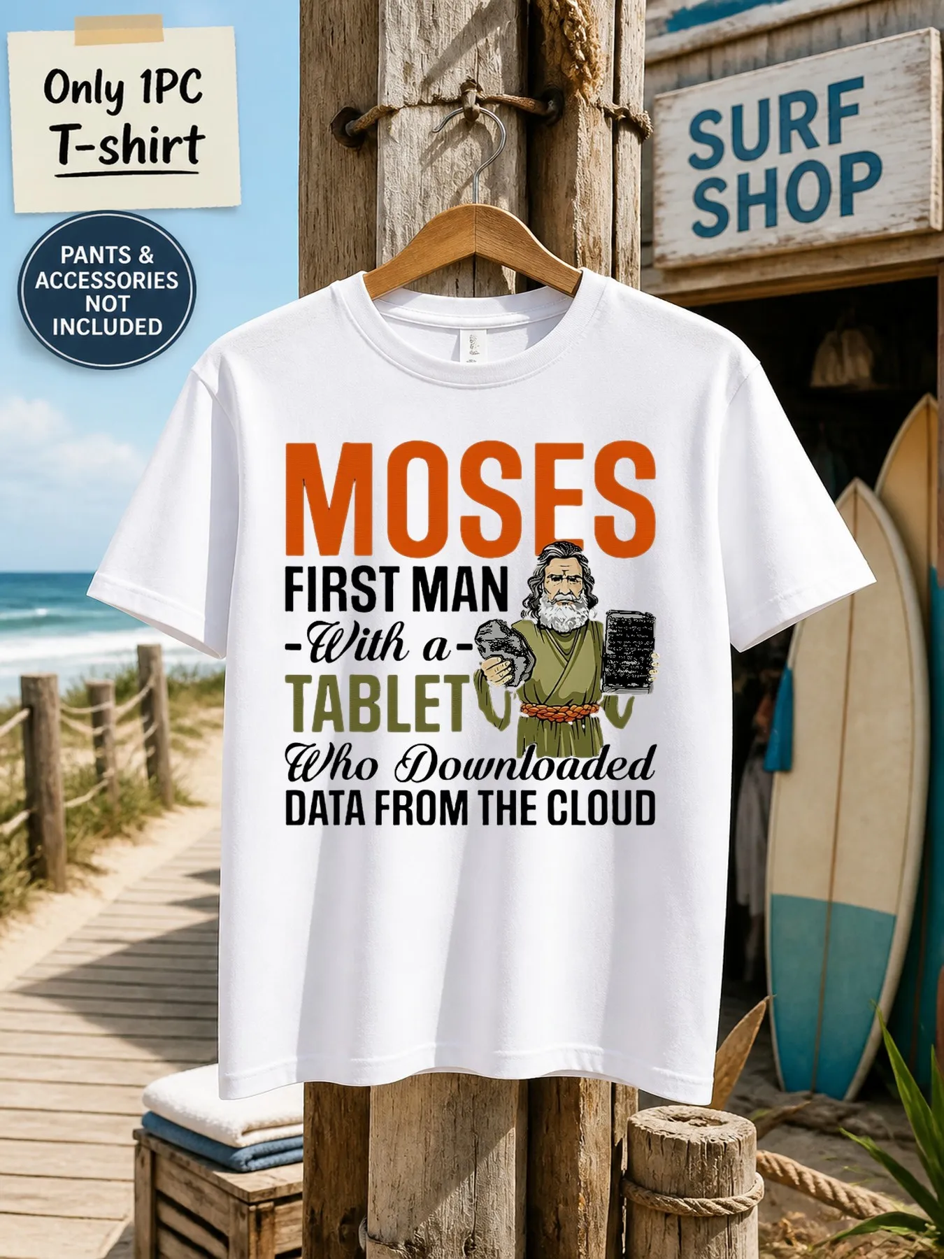 1pc Men'S Graphic T-Shirt Funny Moses First Man with a Tablet Who Downloaded Data from The Cloud Short Sleeve Crew Neck Regular Fit