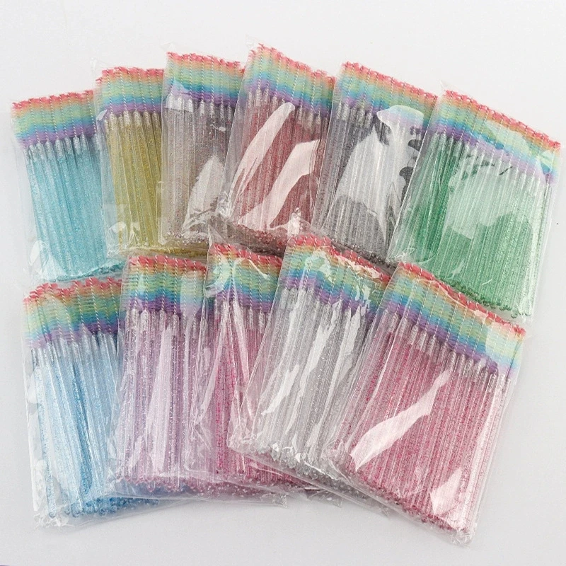 50 Pcs Brosse à cils en cristal pour extensions, outil cosmétique pour cils, pinceaux de maquillage pour cils, micro-brosse couleur arc-en-ciel