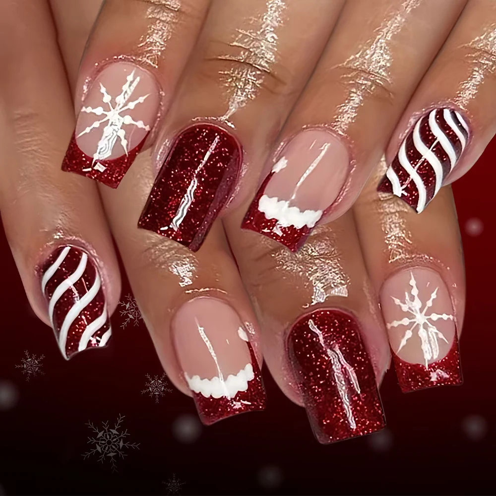 24Pcs Christmas Wine Red Snowflakes False Nails DIY Snowflake Santa Claus Press On False Nails Tip Glitter Stripes Fake Nails