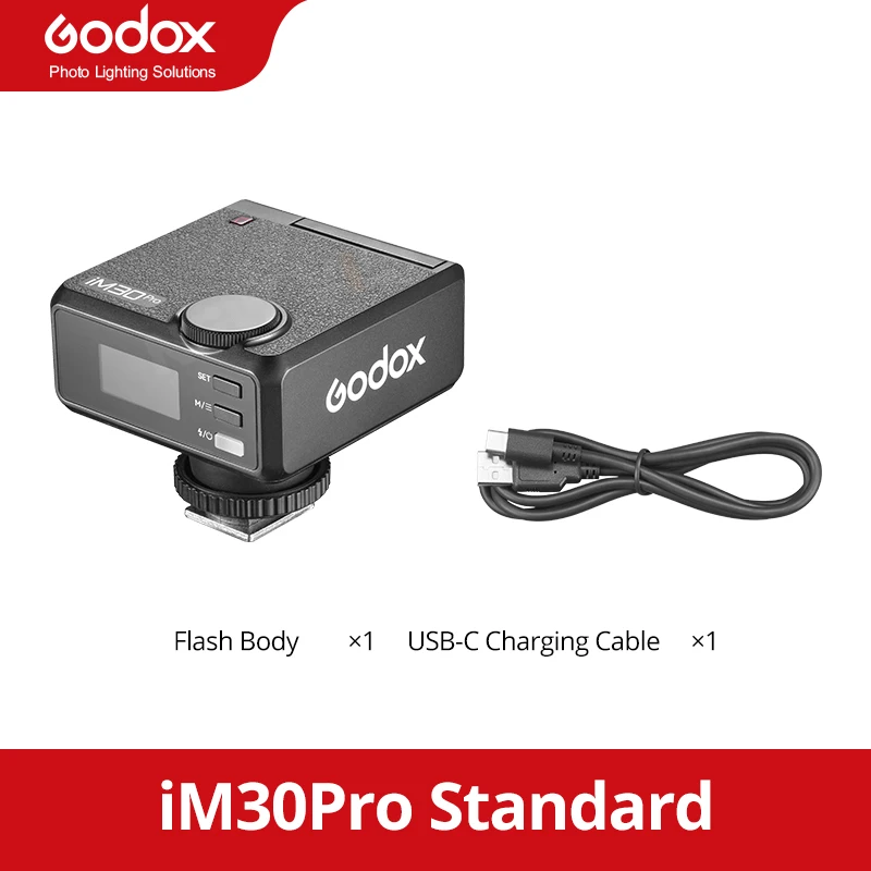Godox Im30Pro Mini draagbare camerablik met universele bevestiging, hotshoe en ingebouwde batterij, geschikt voor Sony, Canon, Nikon en Fujifilm.