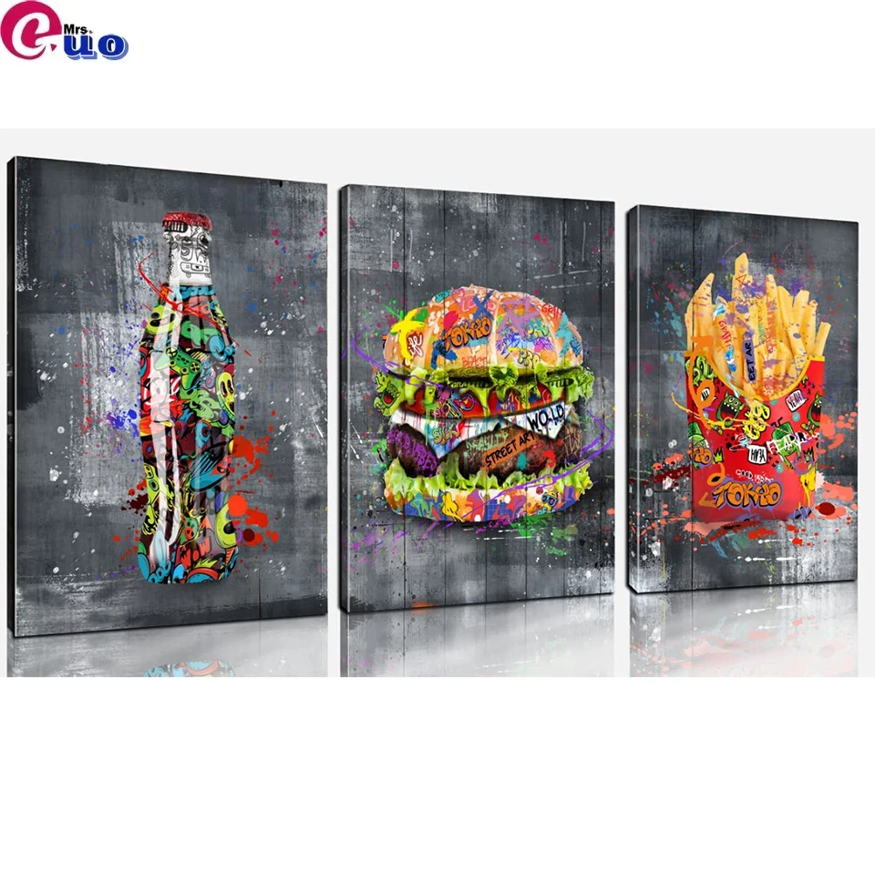

Burger Portfolio DIY Diamond Painting Triptych for Teen Boys Room Decor Full Diy 5d Diamond Embroidery Picture Rhinestone Art