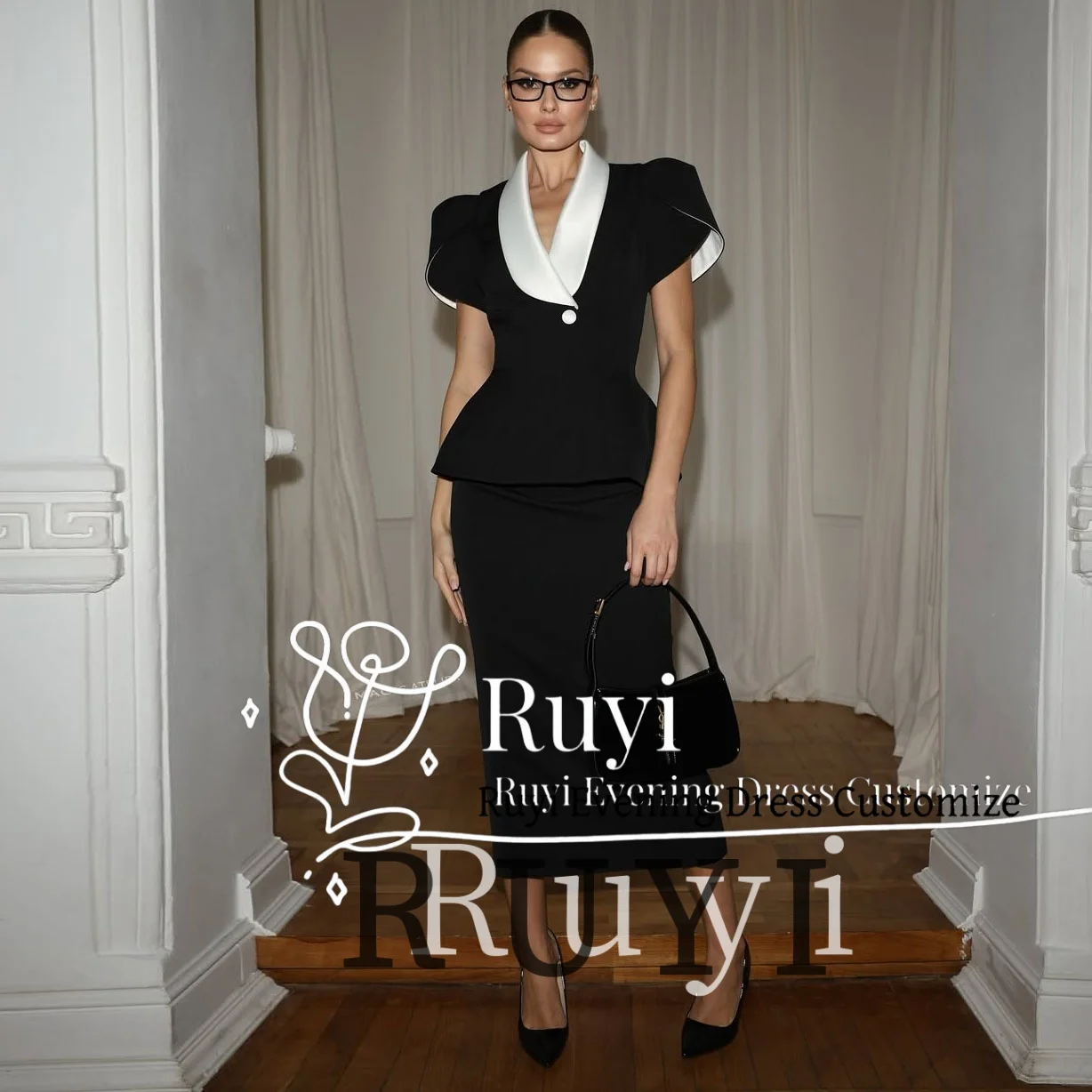 

Customized V-Neck Black Vintage Evening Dresses Elegant Short Sleeves Midi Formal Party Gown White Lapel Prom Dress