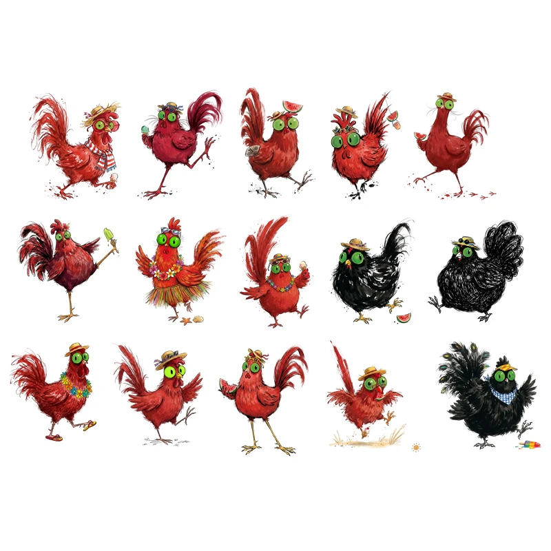 Cute Crazy Red and Black Chicken animals set ironing transfer patch, used for DIY T-shirts heat transfer used for children's