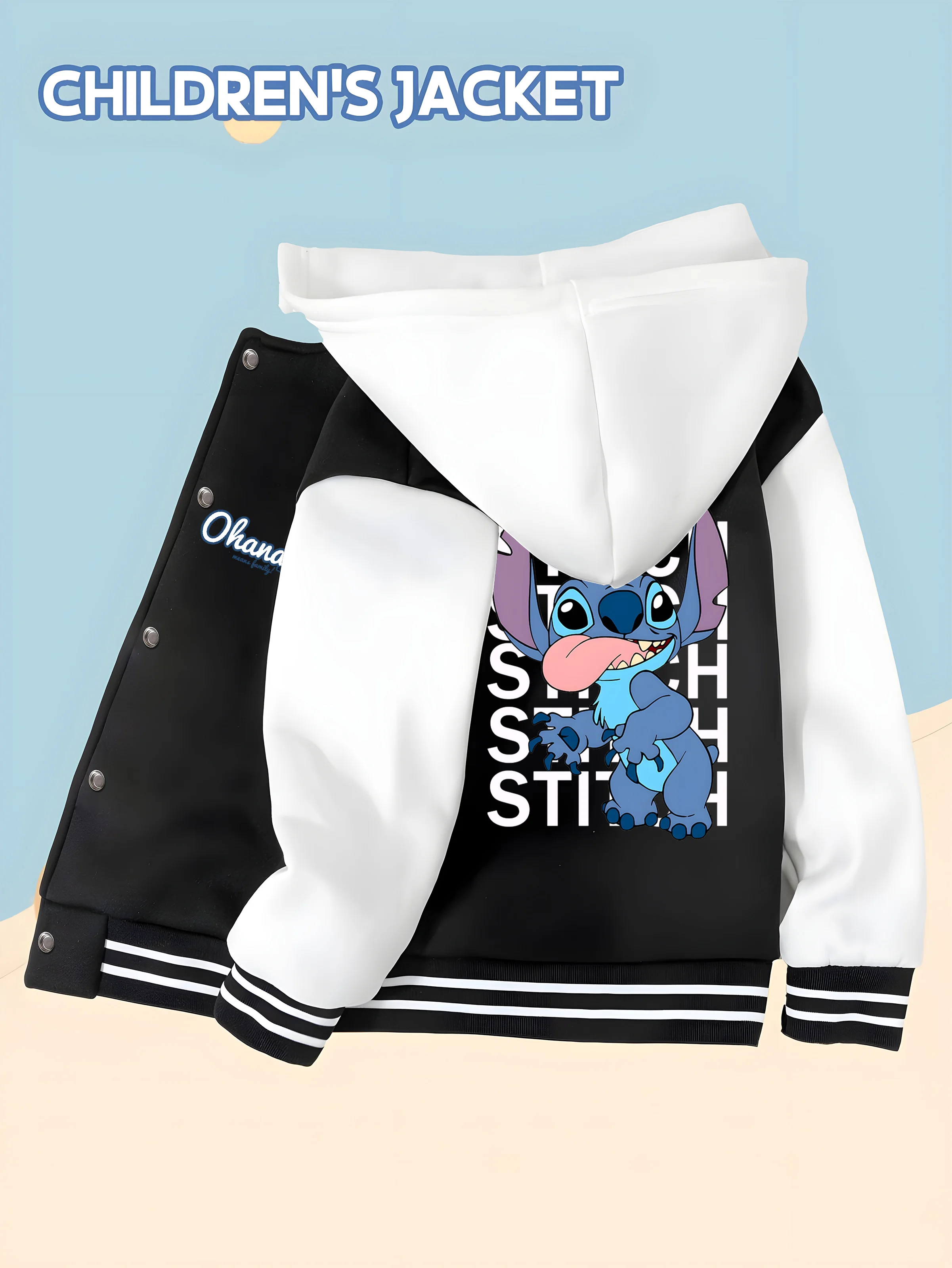 

MINISO Disney Boys' Baseball Jacket - Stitch "OHANA" Lettering, Front Small Logo, Back Stitch Print, Fashion Outerwear