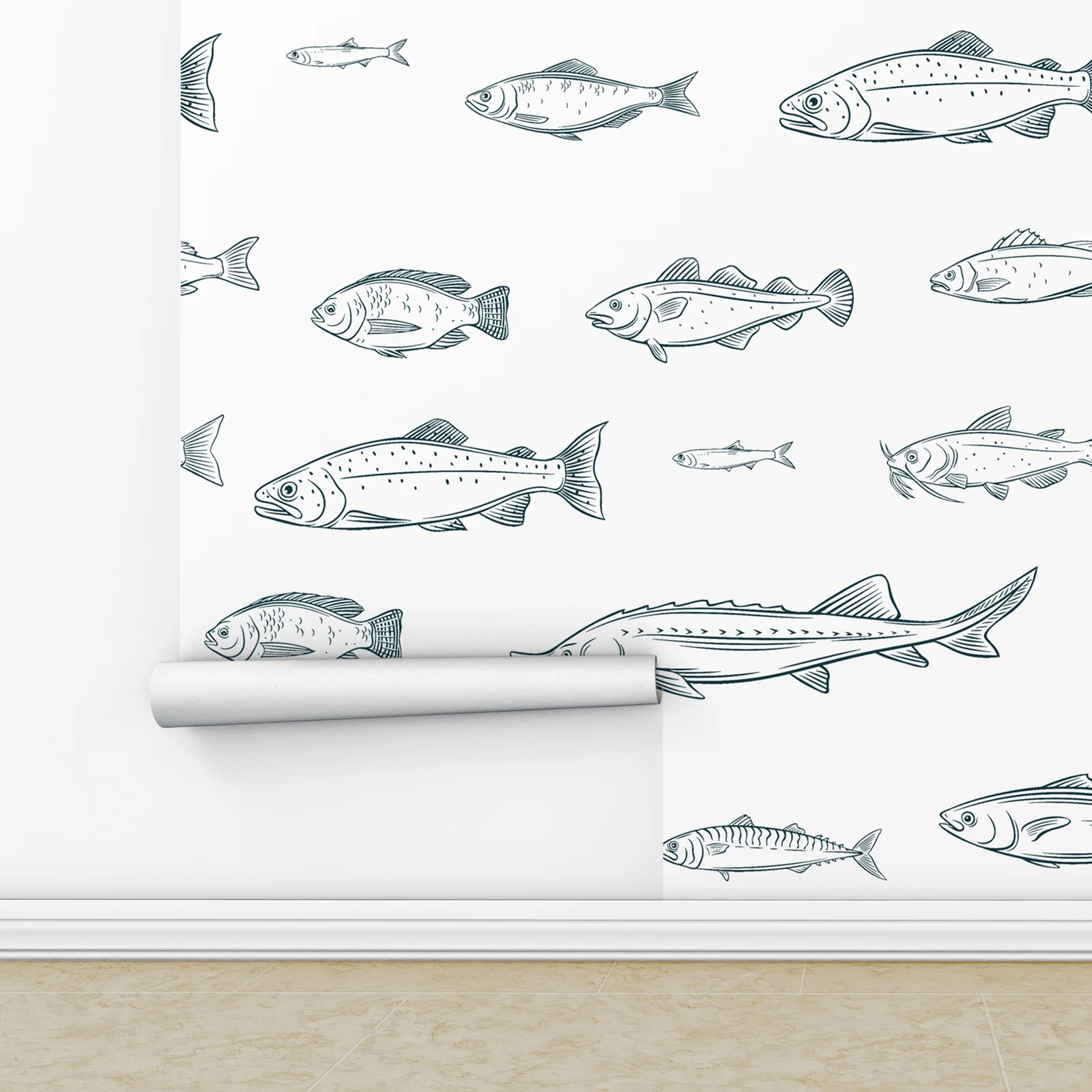 Coastal Blue Fish Ocean Wallpaper Peel & Stick, Marine Self Adhesive Wall Paper For Home Decoration,Or Tradiiton Un-paste Paper