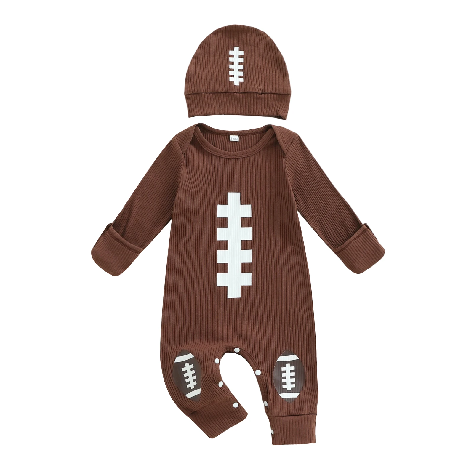 Setelan Baju Bayi 3Pcs Lengan Panjang Kerah Bulat Motif Rugby dengan Topi dan Kaos Kaki Pakaian Bayi Baru Lahir untuk Anak Laki-laki Perempuan