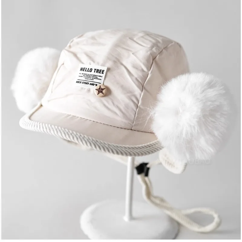 

Корейская модная наклейка, милые большие шапки-бомберы с помпонами и ушками на шнурке для мужчин и женщин, зимняя теплая универсальная шапка для отдыха, пилота