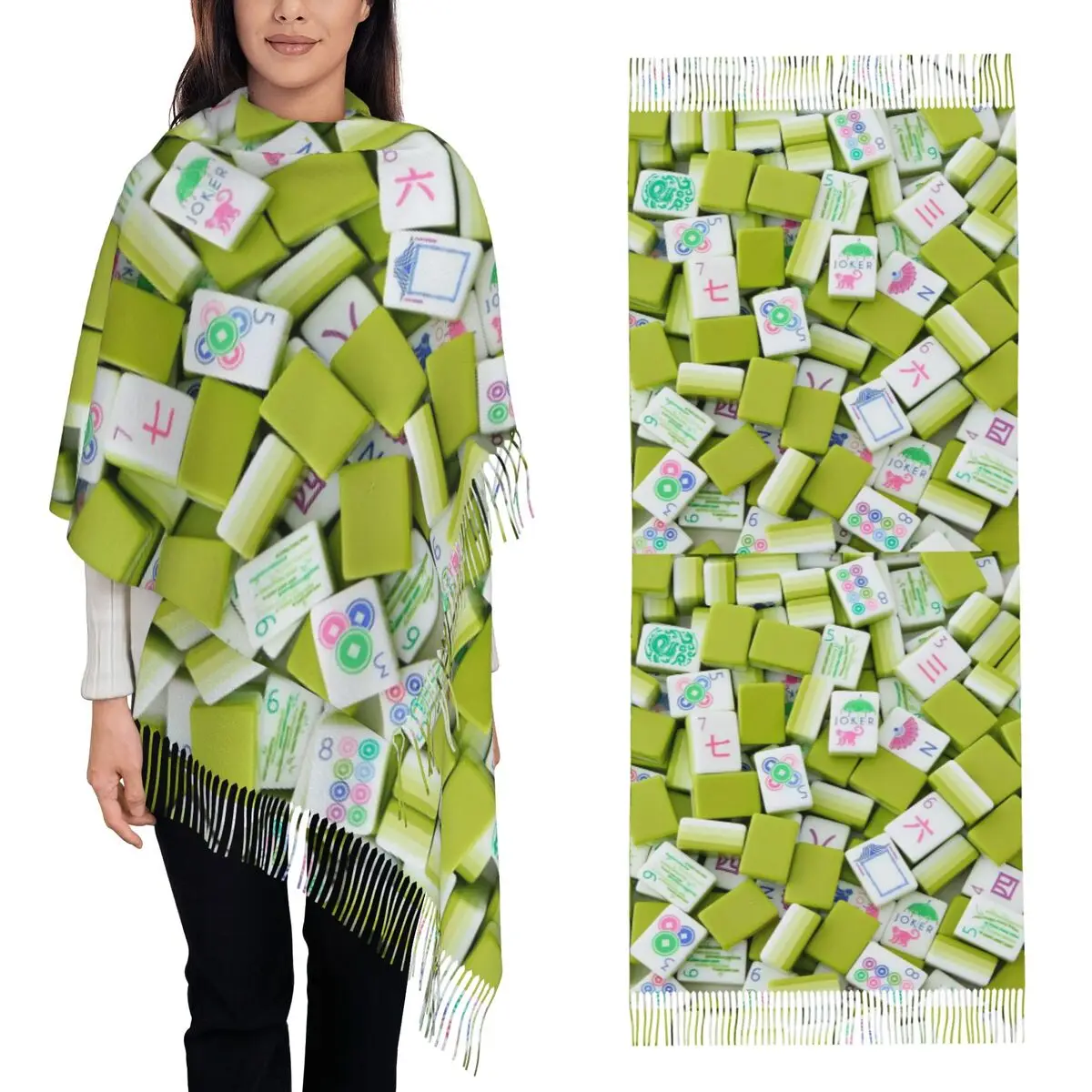 

Шарф с узором плитки для маджонга, шарфы с кисточками, женские мягкие теплые шали и накидки, большая осенне-зимняя шаль