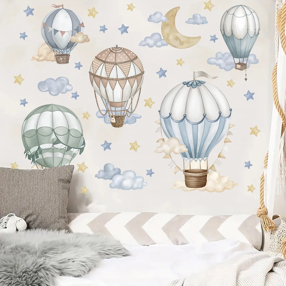 Watercolor Animal Hot Air Balloon Wall Stickers Giraffe Lion Monkey Star Cloud Wall Decals Bathroom Bedroom Home Wall Decor