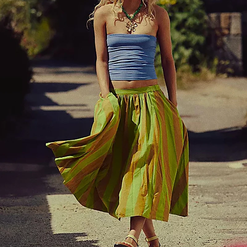 Elegant Lady Pleated Commuted Long Skirt Casual Stripe Printed High Waist A-line Skirts Summer Beach Party Vacation Loose Skirts