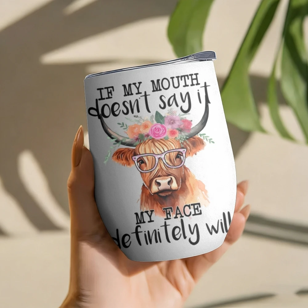 Niedliche Highland Cattle Vakuum-Thermosflaschen 12oz Isolierter Weinbecher Vakuum-Kaffeebecher Eierförmiger Thermobecher