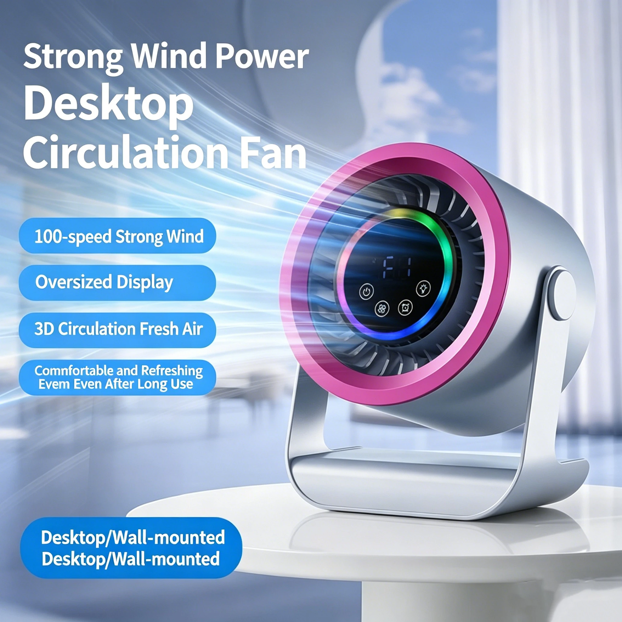 3600mAh Desktop Air Circulation Fan, 100 Speeds Adjustable Silent Fan with Digital Display, Wall Mountable