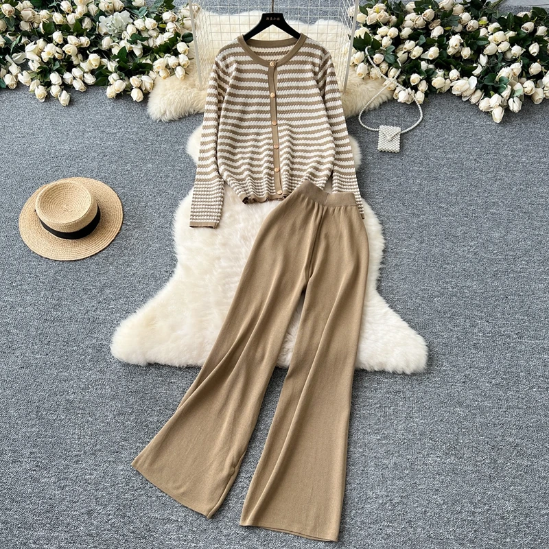 2 Piece Sets Women Outfit Autumn Winter Single Breasted Knitted Long Sleeve Sweater and High Waist Long Trousers Set