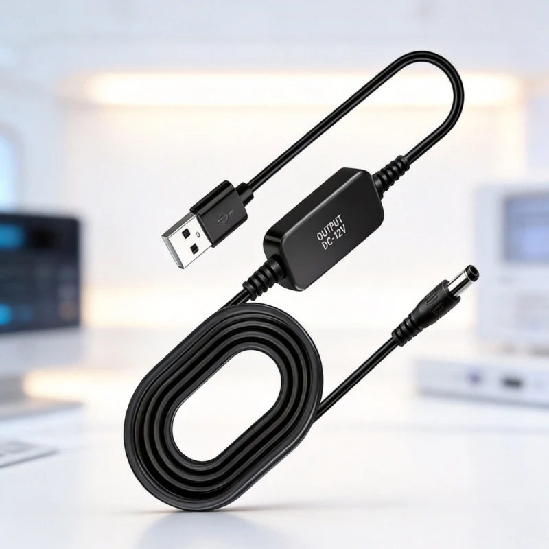  USB-A 5V-to-12V Power Cable wIRE with Integrated Conversion Module and Round Output for Compatible Low-Power Equipment 100cm