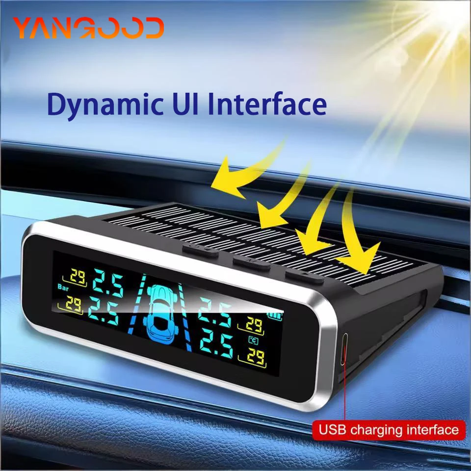 Dynamic UI Auto Tire Pressure Monitor System USB/Solar TPMS RV Auto Safety Alarm System Digital LCD Display Screen With 4 Sensor