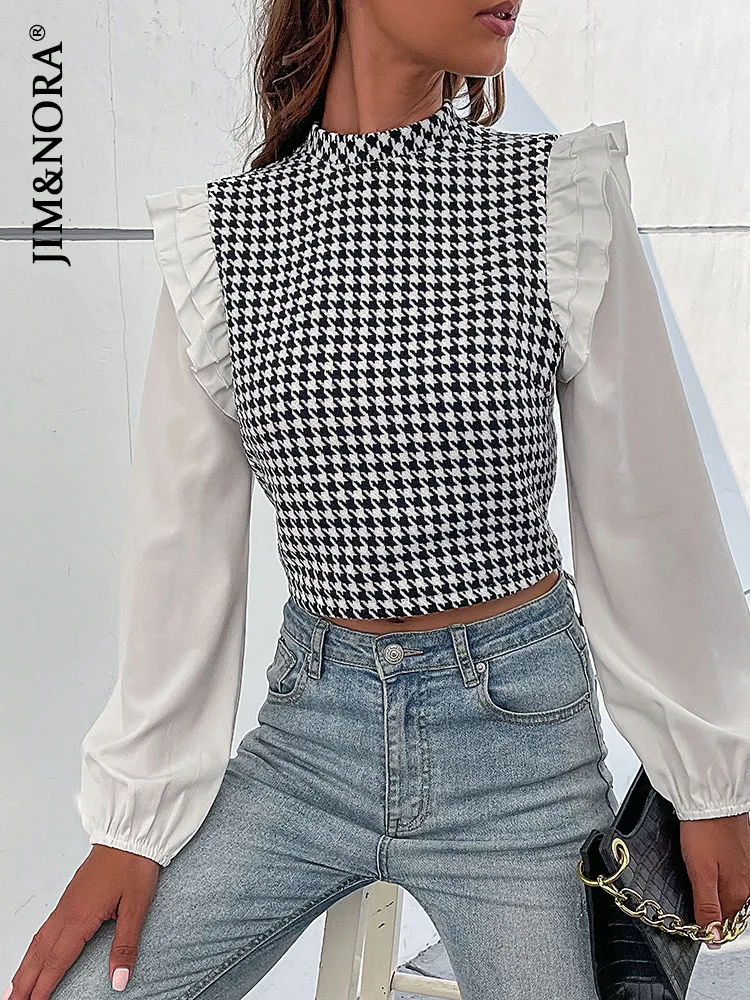 JIM & NORA Women Crop Top Ladies Long Sleeve Houndstooth Print Patchwork Turtleneck Slim Fit T-Shirt Spring Autumn Fashion Tops