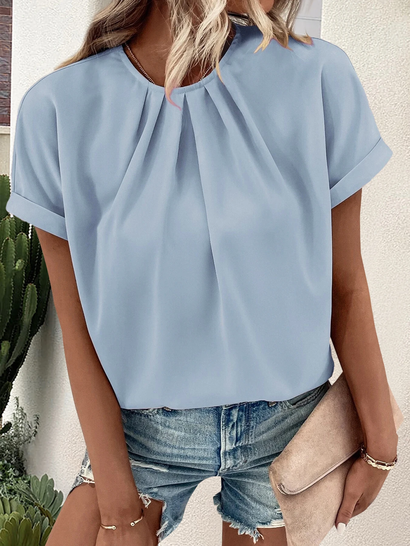 Summer Women Fashion Solid Color Blouses Shirts Casual O Neck Short Sleeve Top Ladies Elegant Basic Blouses