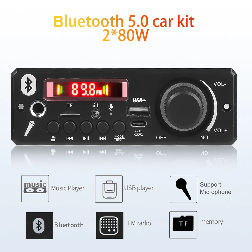 2*80W Amplifier 8-24V 160W Bluetooth MP3 Decoder Board DIY Car MP3 Player Calling Recording FM Audio TF USB Mic 3.5mm AUX Module