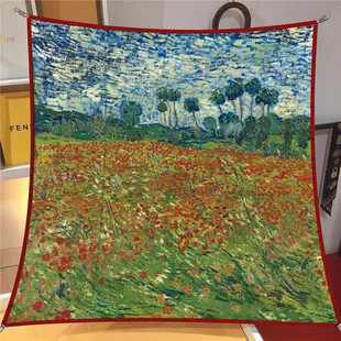 Imagen 2 del producto Pañado al óleo, bufandas cuadradas de seda de lujo para las cuatro estaciones, pañuelos de moda de Europa y América, nuevos chales de protección solar con estampado de sarga